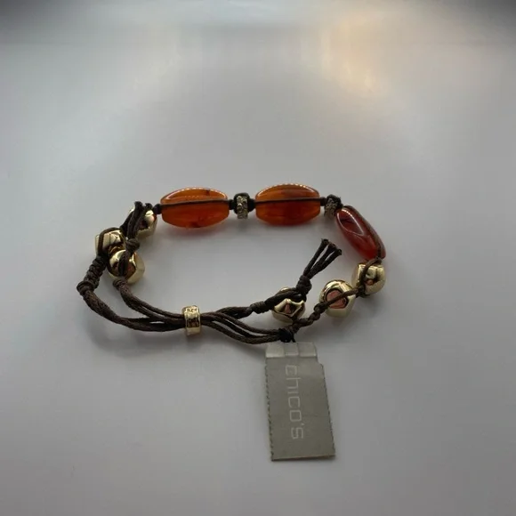Chico's Amber Colored Brown and Gold Bohemian Macrame Bracelet NWT Adjustable - Picture 3 of 5